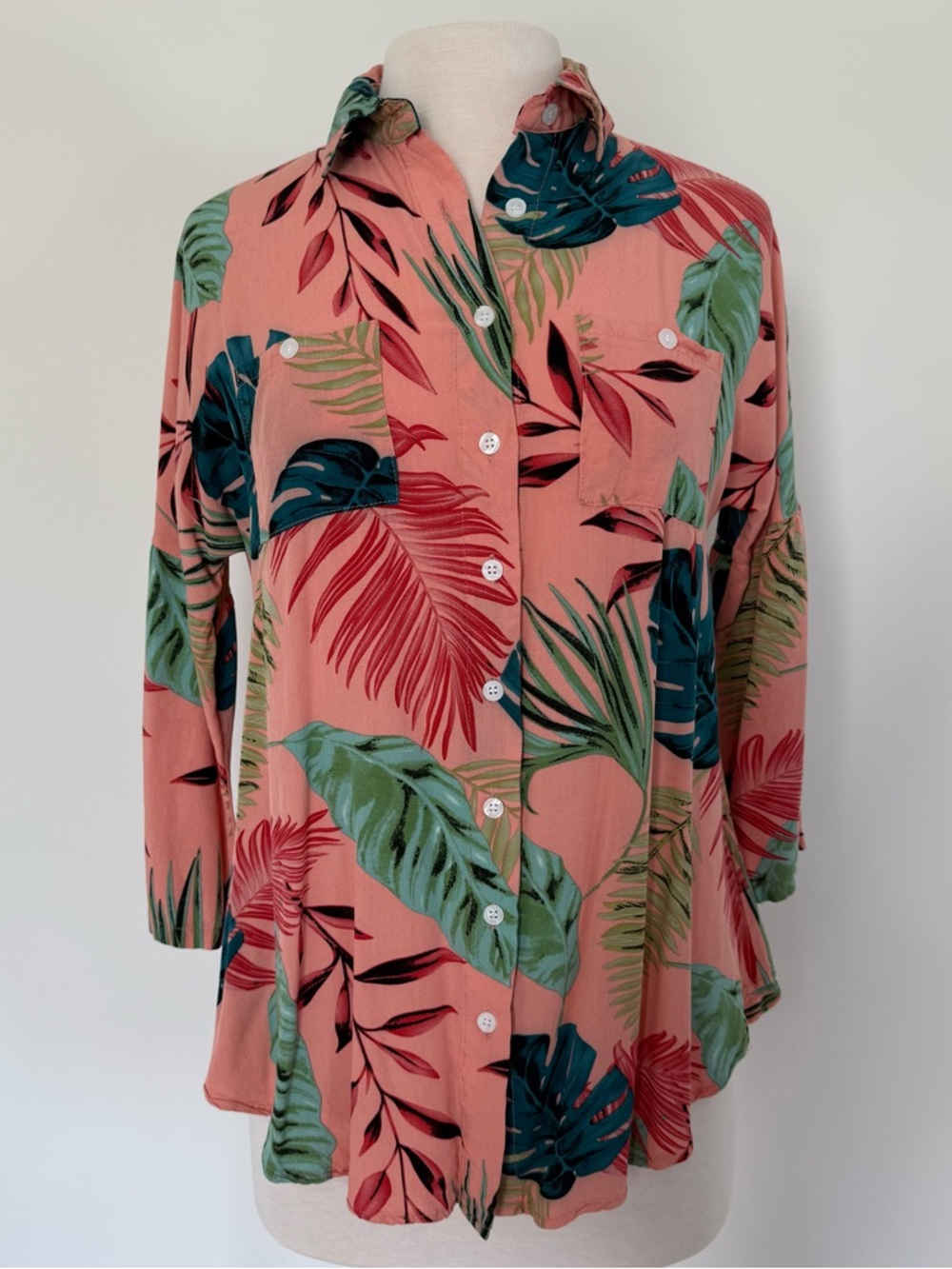 Tropical Coral Button-Down Shirt / Swim cover up // Size XS